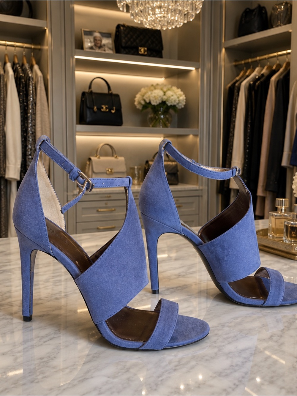 BCBG Paris Dorryx Blue Suede Open Toe Stiletto Heels Size 7M